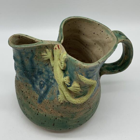 Art Pottery Pitcher Vase Blue And Green With Gecko Climbing 5” Tall - Picture 3 of 9